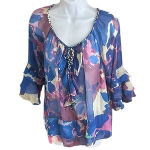 DIANE VON FURSTENBERG | 3/4 Sleeve Braid Tie Collar 100% Silk Printed Shirt EUC